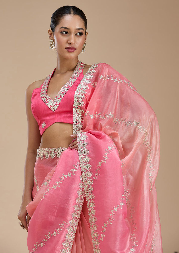 Gajari Pink Gotapatti Crepe Saree
