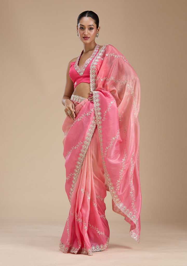 Gajari Pink Gotapatti Crepe Saree