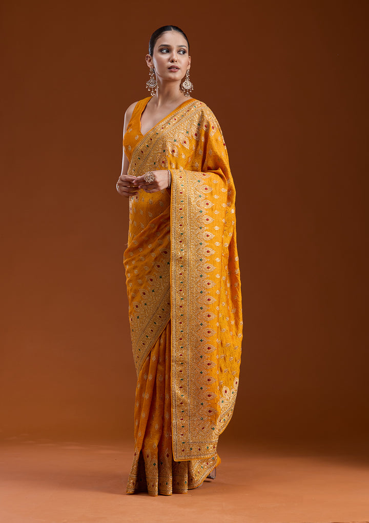 Mustard Zariwork (Gold) Soft Raw Silk Saree