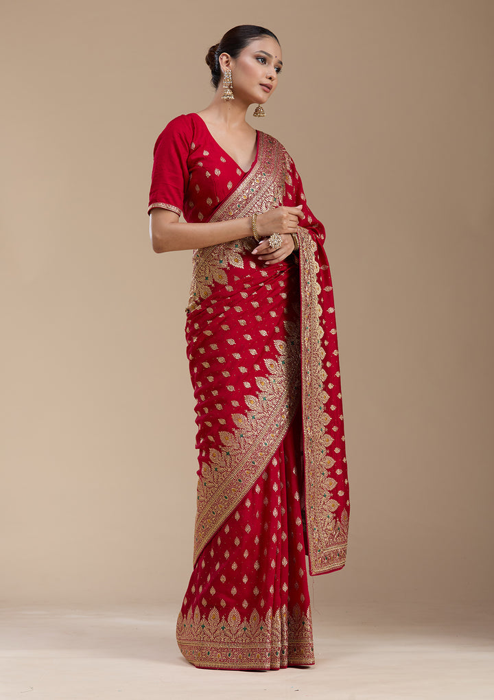 Red Zariwork (Gold) Soft Raw Silk Saree