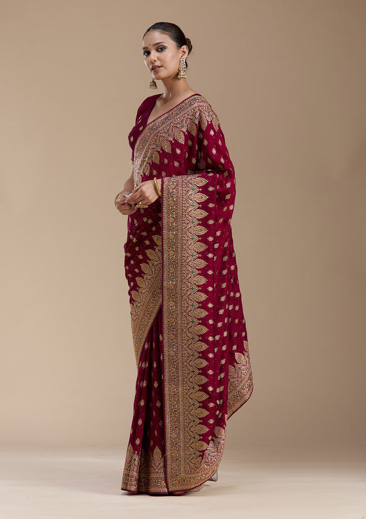 Wine Zariwork (Gold) Soft Raw Silk Saree