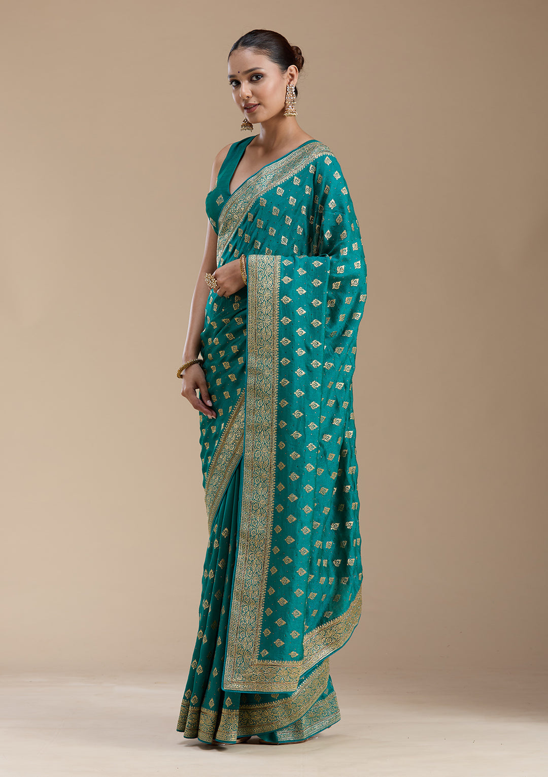 Rama Green Zariwork (Gold) Soft Raw Silk Saree