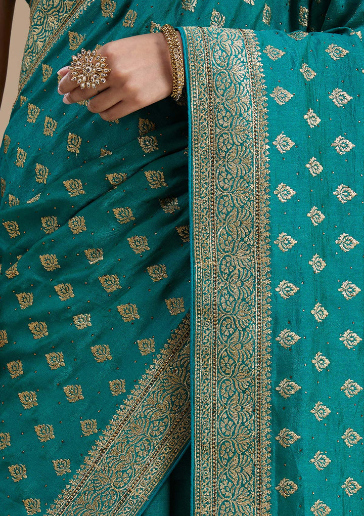 Rama Green Zariwork (Gold) Soft Raw Silk Saree