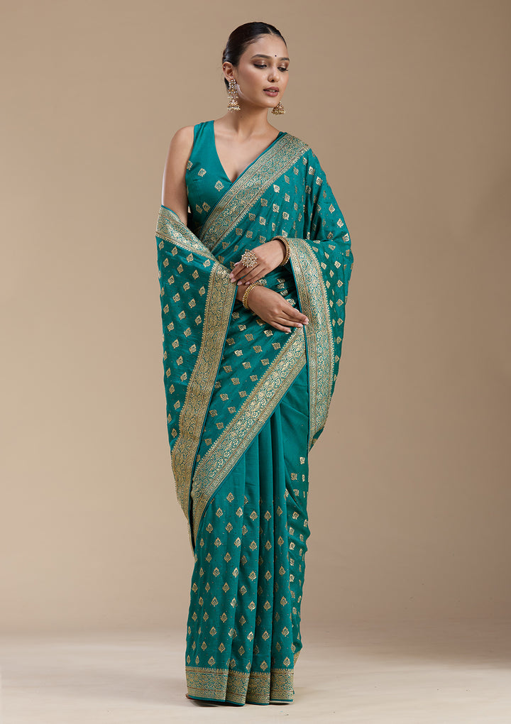 Rama Green Zariwork (Gold) Soft Raw Silk Saree