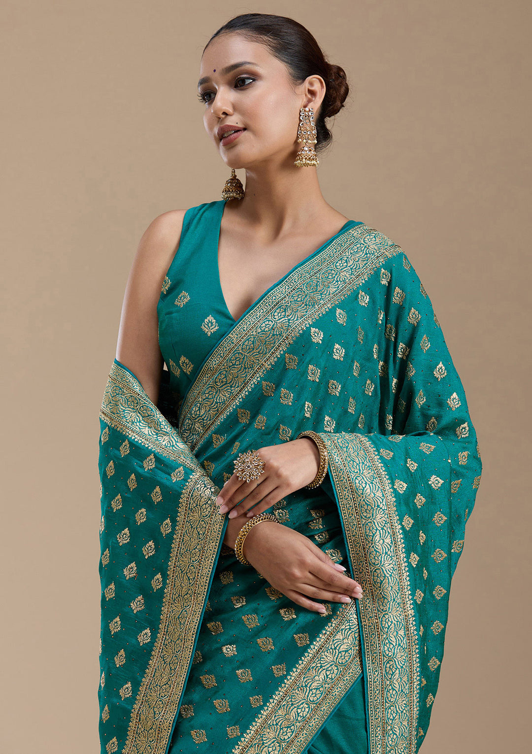Rama Green Zariwork (Gold) Soft Raw Silk Saree