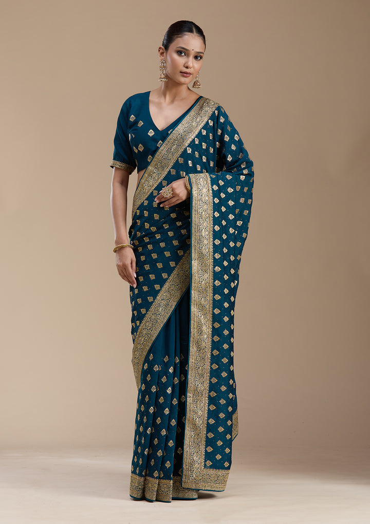 Teal Green Zariwork (Gold) Soft Raw Silk Saree
