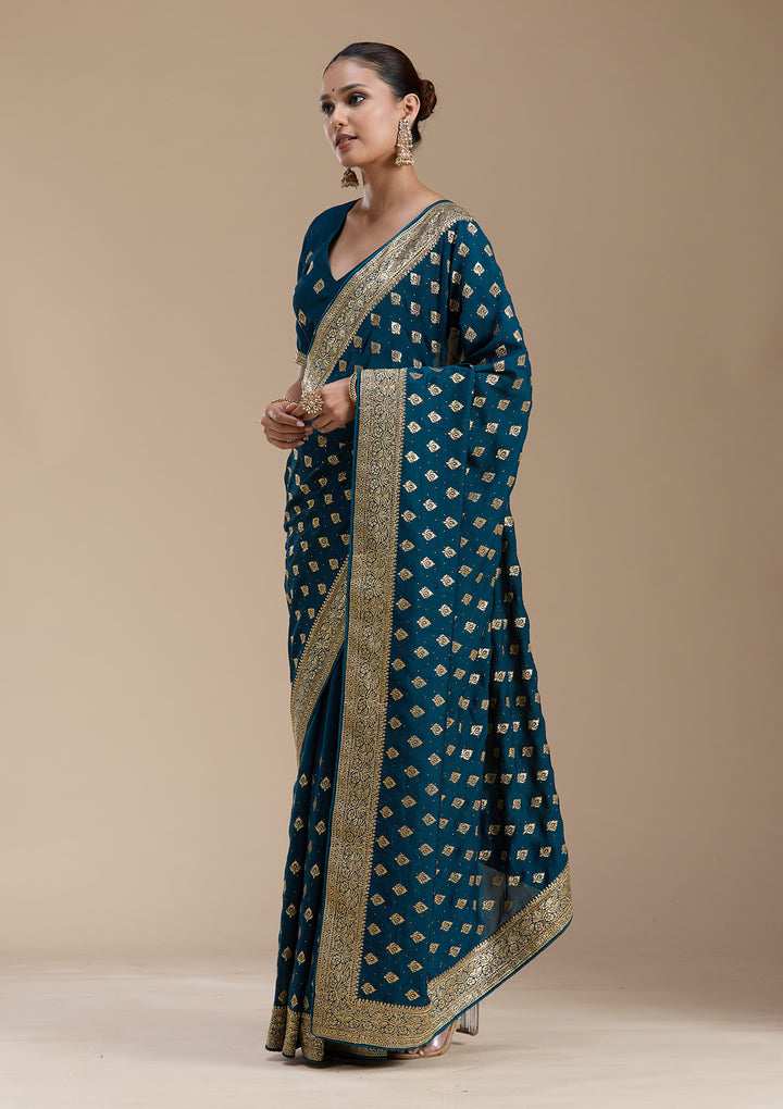 Teal Green Zariwork (Gold) Soft Raw Silk Saree