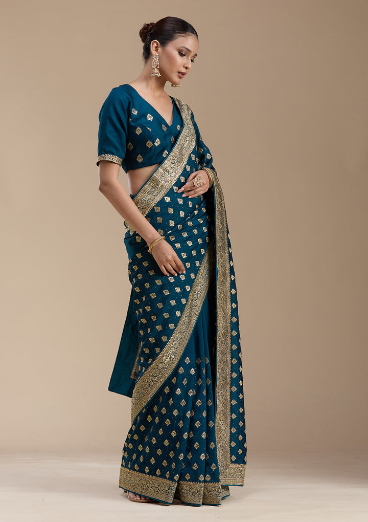 Teal Green Zariwork (Gold) Soft Raw Silk Saree