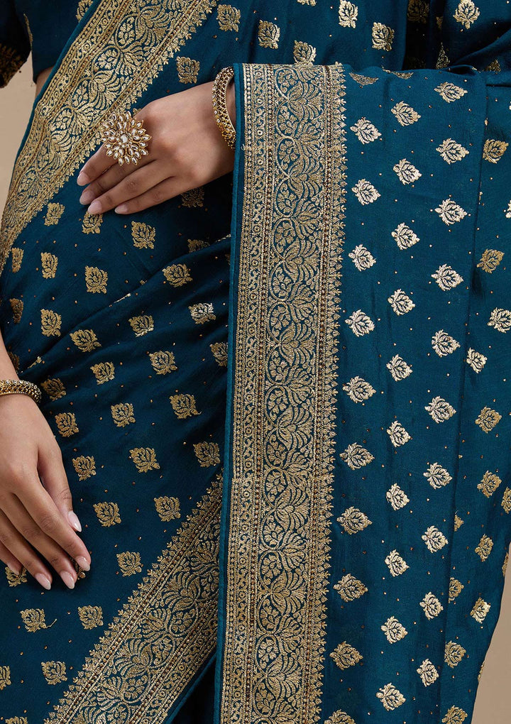 Teal Green Zariwork (Gold) Soft Raw Silk Saree