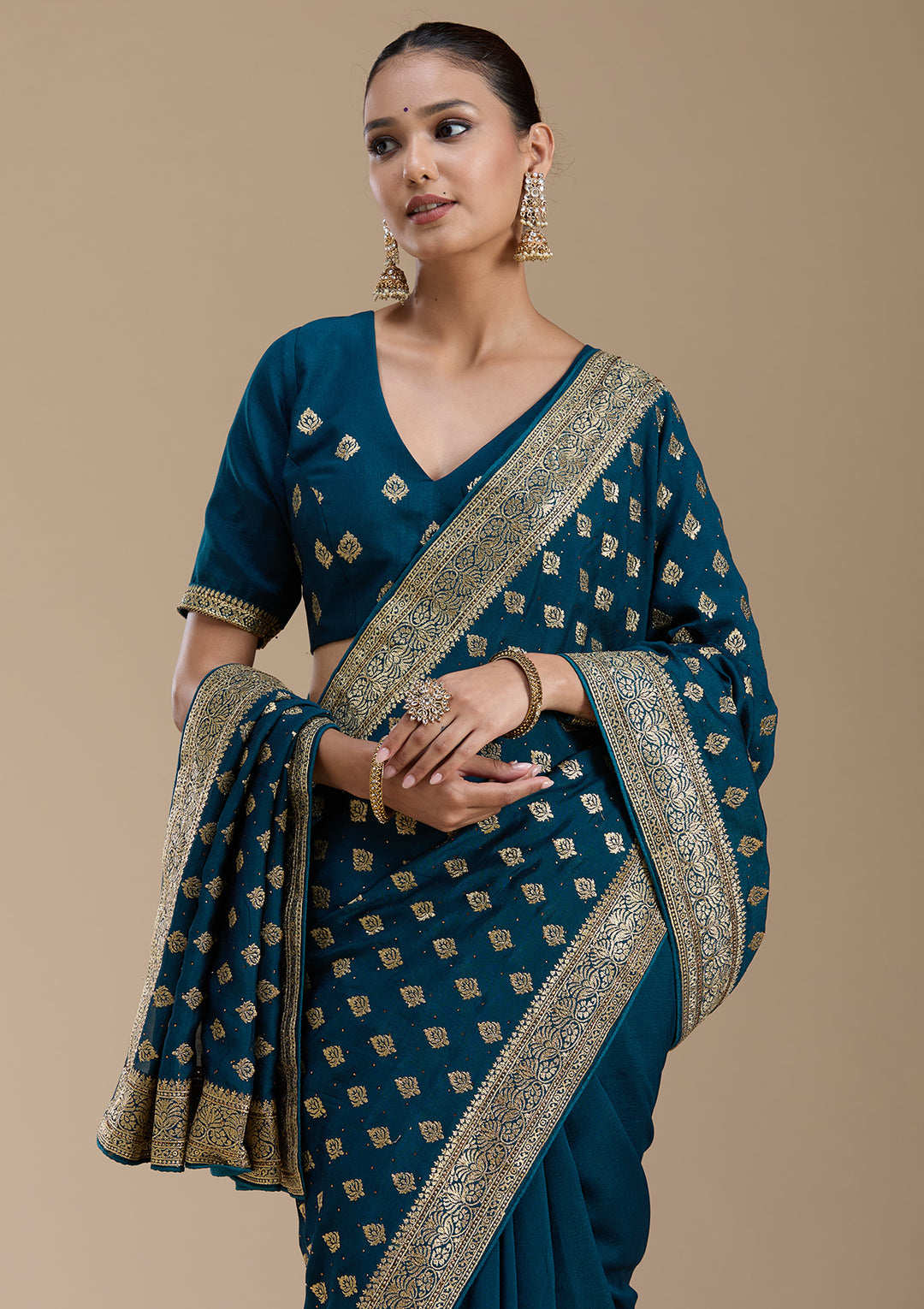Teal Green Zariwork (Gold) Soft Raw Silk Saree