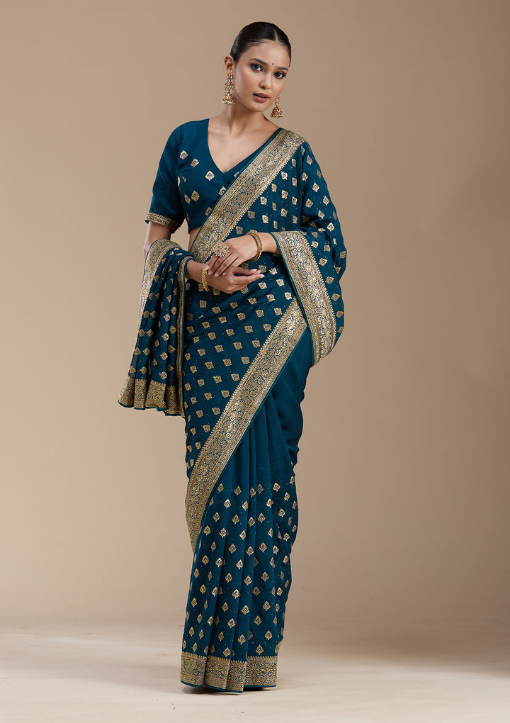 Teal Green Zariwork (Gold) Soft Raw Silk Saree
