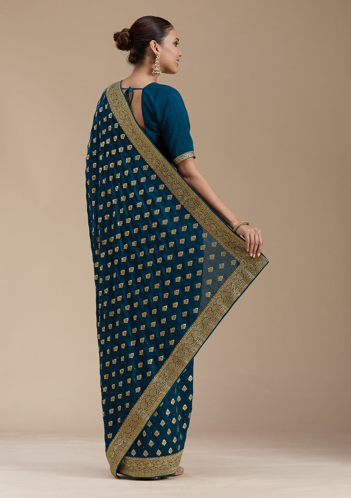 Teal Green Zariwork (Gold) Soft Raw Silk Saree