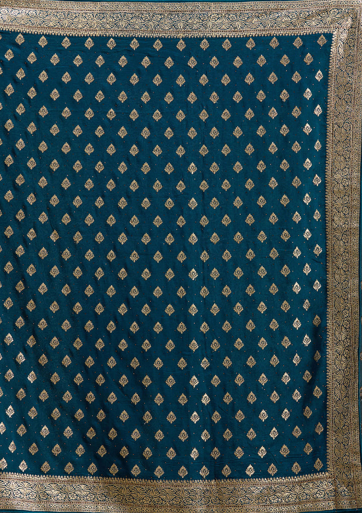 Teal Green Zariwork (Gold) Soft Raw Silk Saree