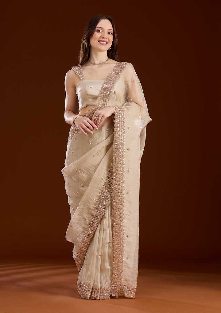 Beige Sequins Tissue Saree