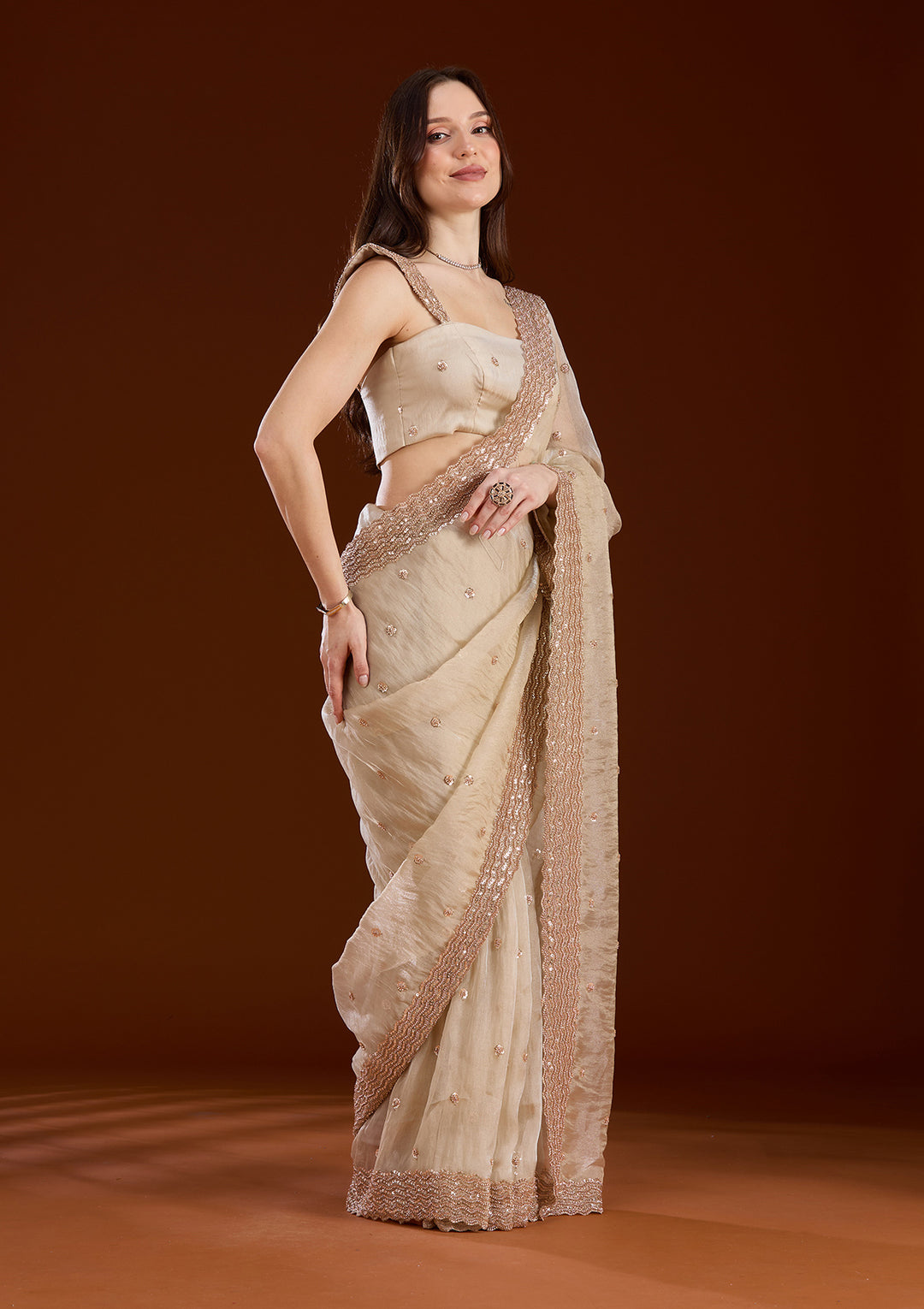Beige Sequins Tissue Saree