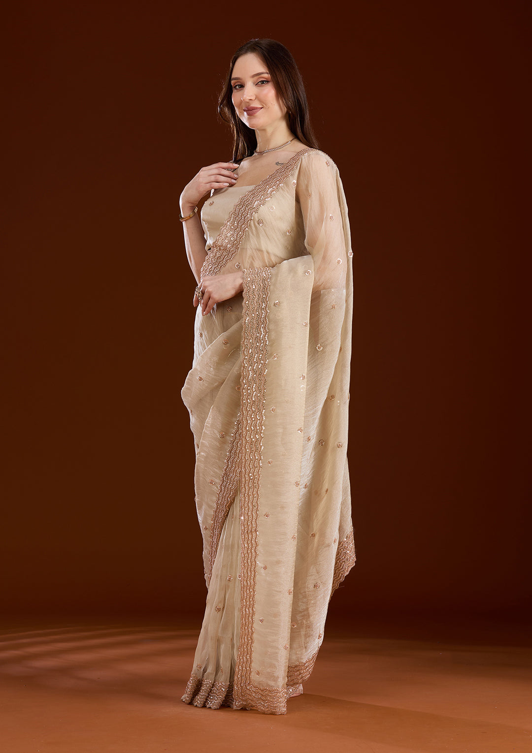 Beige Sequins Tissue Saree