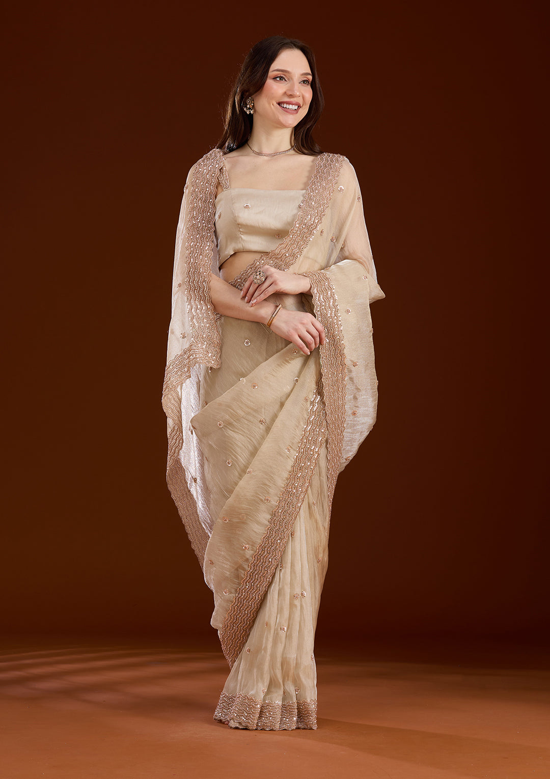 Beige Sequins Tissue Saree