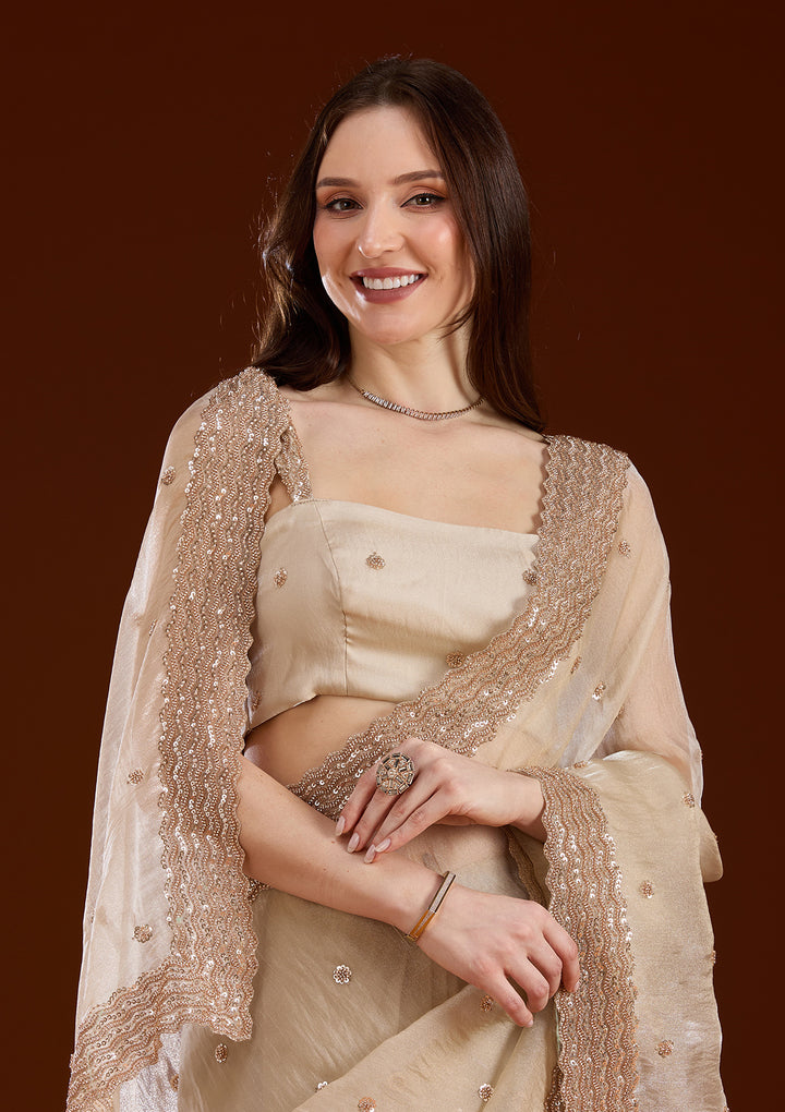 Beige Sequins Tissue Saree
