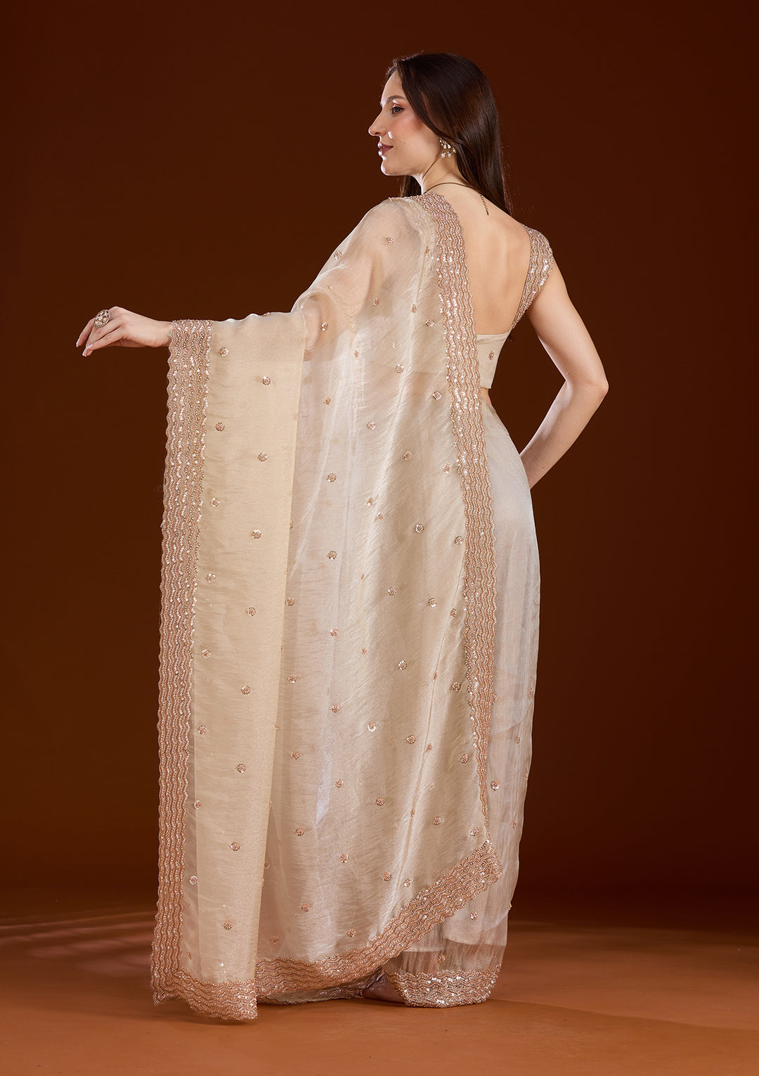 Beige Sequins Tissue Saree