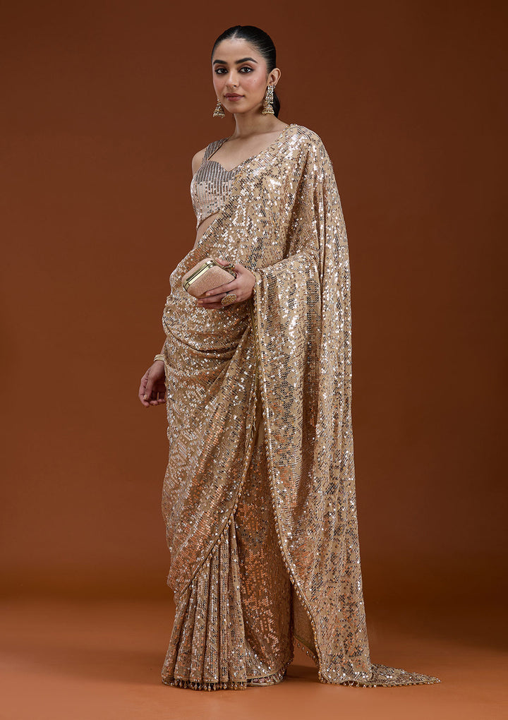 Beige Sequins Georgette Saree
