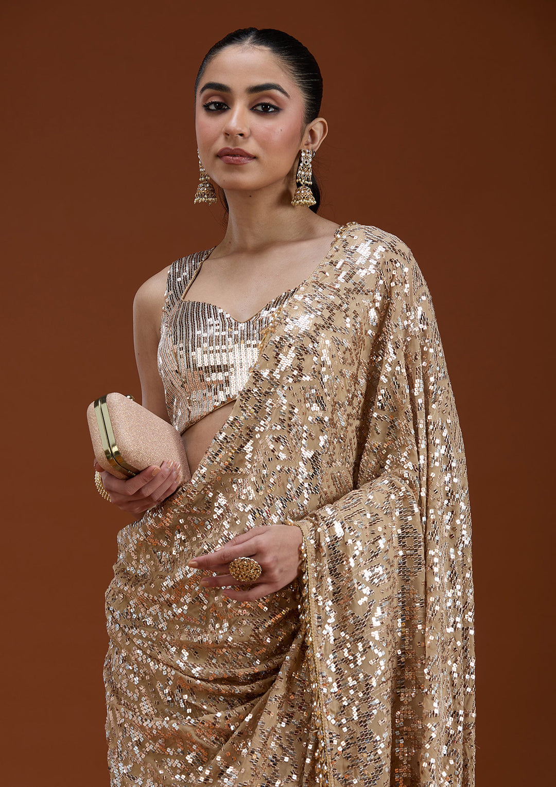 Beige Sequins Georgette Saree