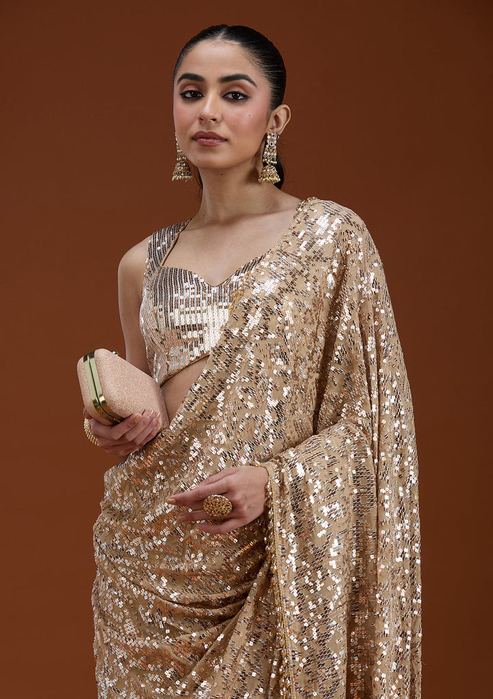 Beige Sequins Georgette Saree