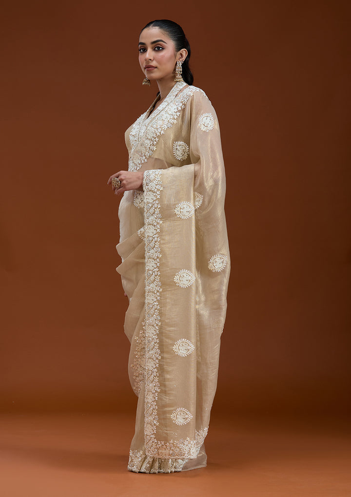 Beige Sequins Net Saree