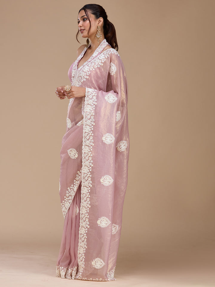 Mauve Pearlwork Tissue Saree