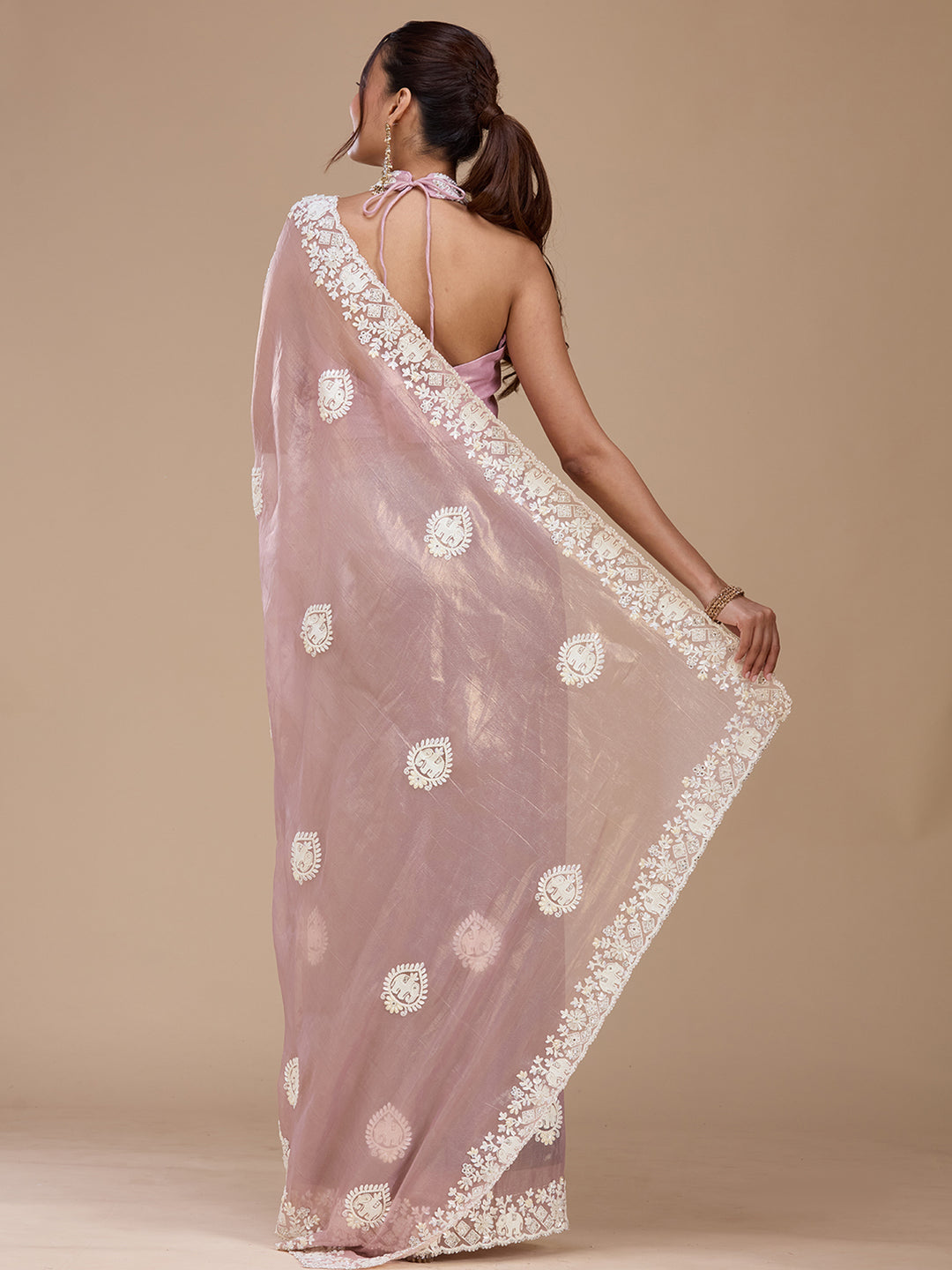 Mauve Pearlwork Tissue Saree