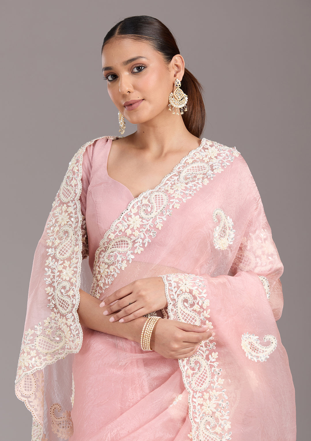 Baby Pink Pearlwork Tissue Saree