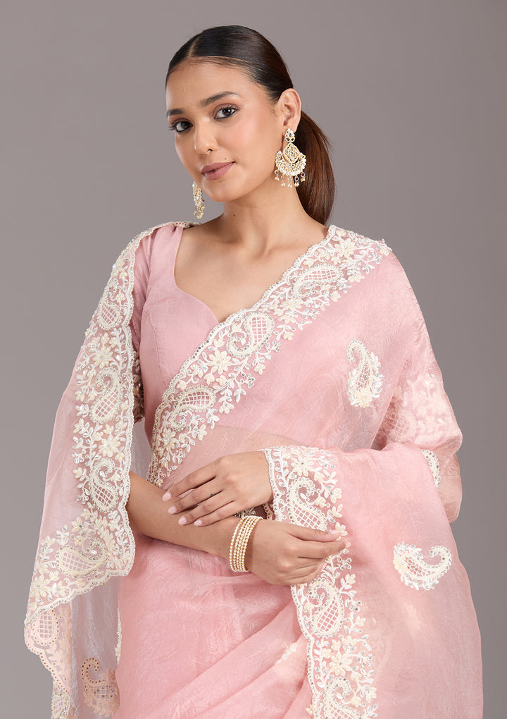 Baby Pink Pearlwork Tissue Saree