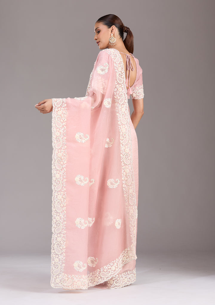 Baby Pink Pearlwork Tissue Saree