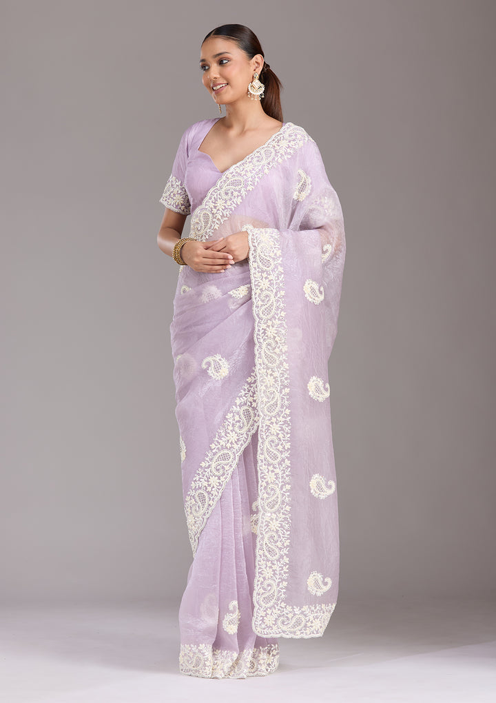 Lavender Pearlwork Tissue Saree