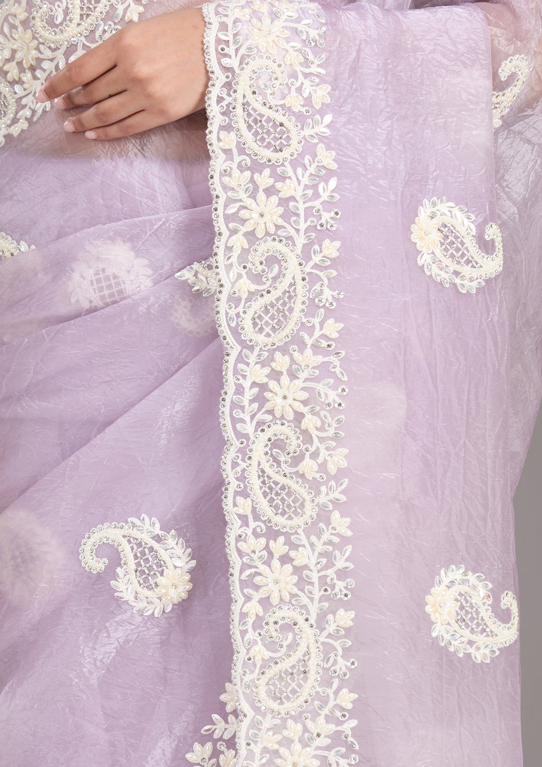 Lavender Pearlwork Tissue Saree