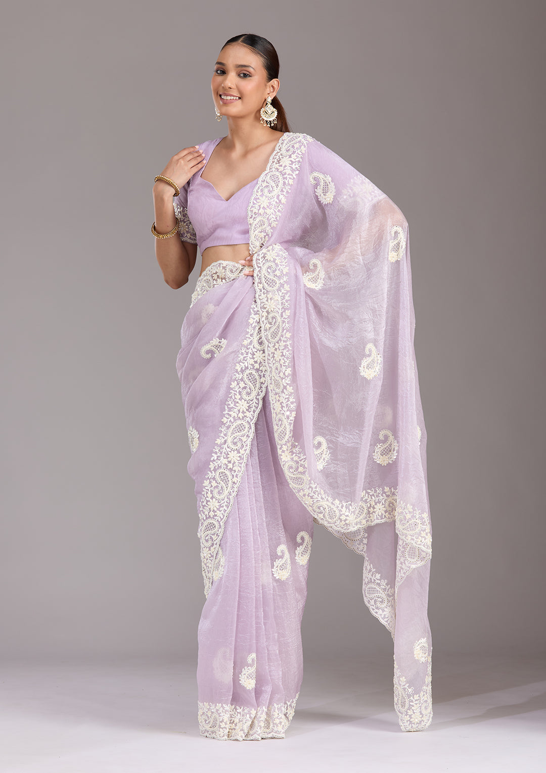 Lavender Pearlwork Tissue Saree