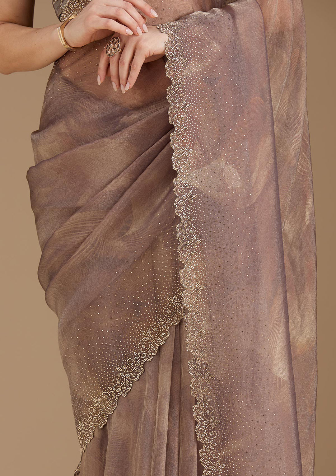 Brown Stonework (Gold) Tissue Saree