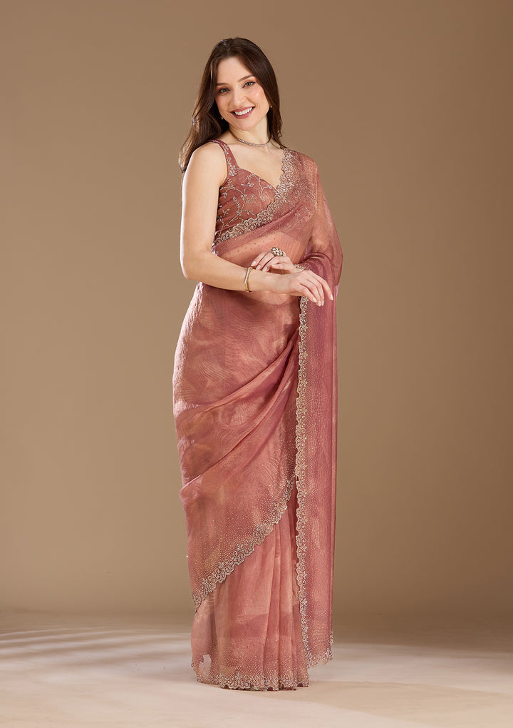 Onion Pink Stonework (Gold) Tissue Saree
