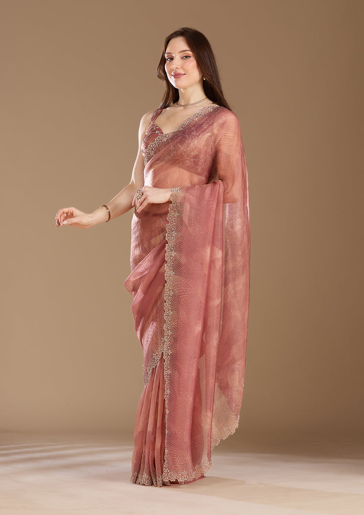 Onion Pink Stonework (Gold) Tissue Saree