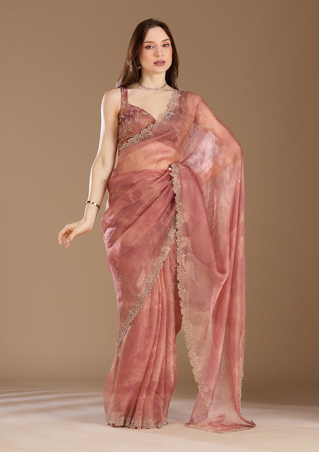 Onion Pink Stonework (Gold) Tissue Saree