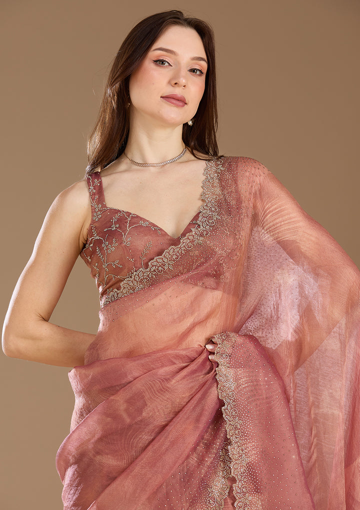 Onion Pink Stonework (Gold) Tissue Saree