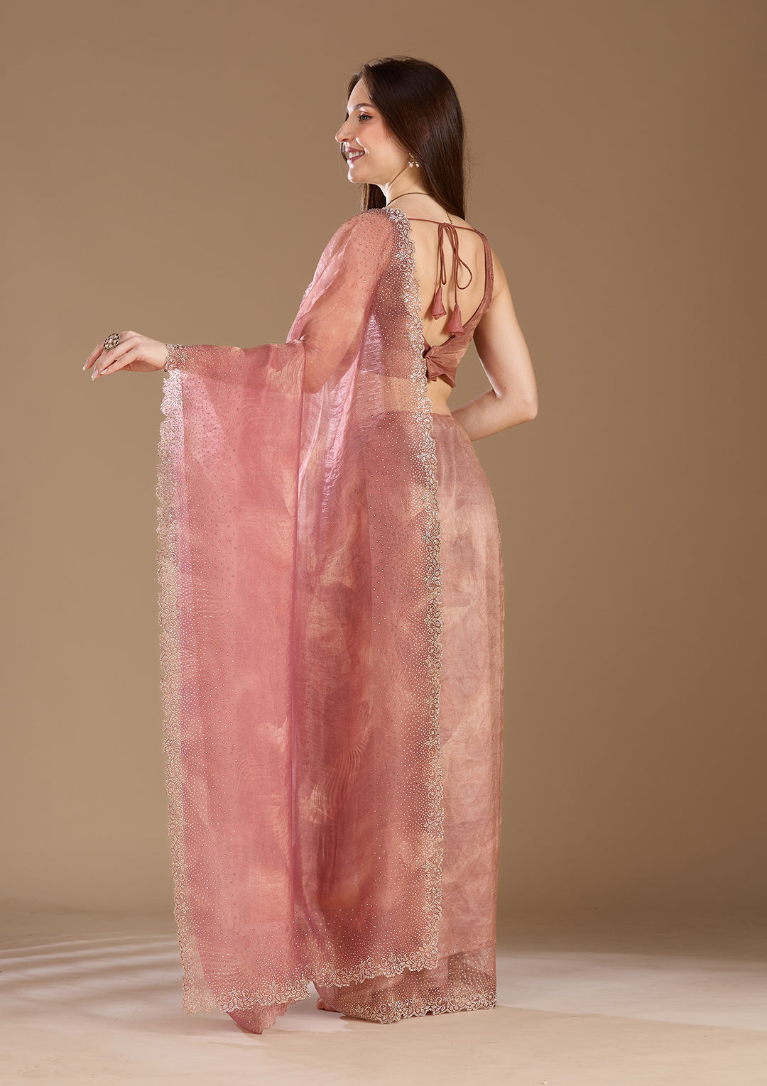 Onion Pink Stonework (Gold) Tissue Saree