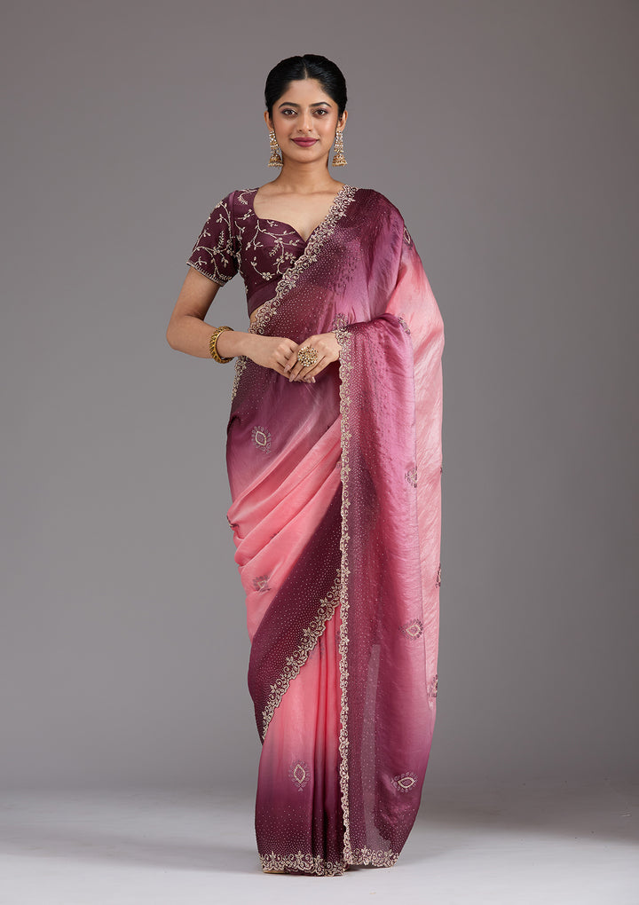 Gajari Pink Stonework (Gold) Tissue Saree