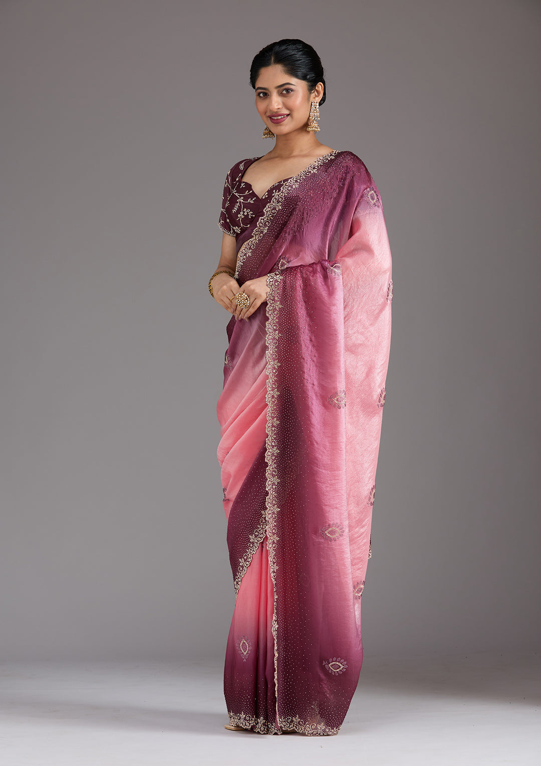 Gajari Pink Stonework (Gold) Tissue Saree
