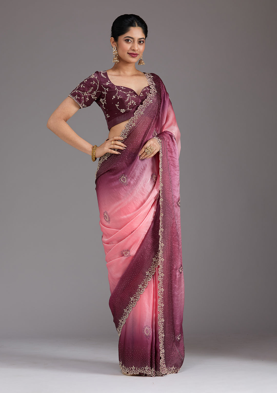 Gajari Pink Stonework (Gold) Tissue Saree