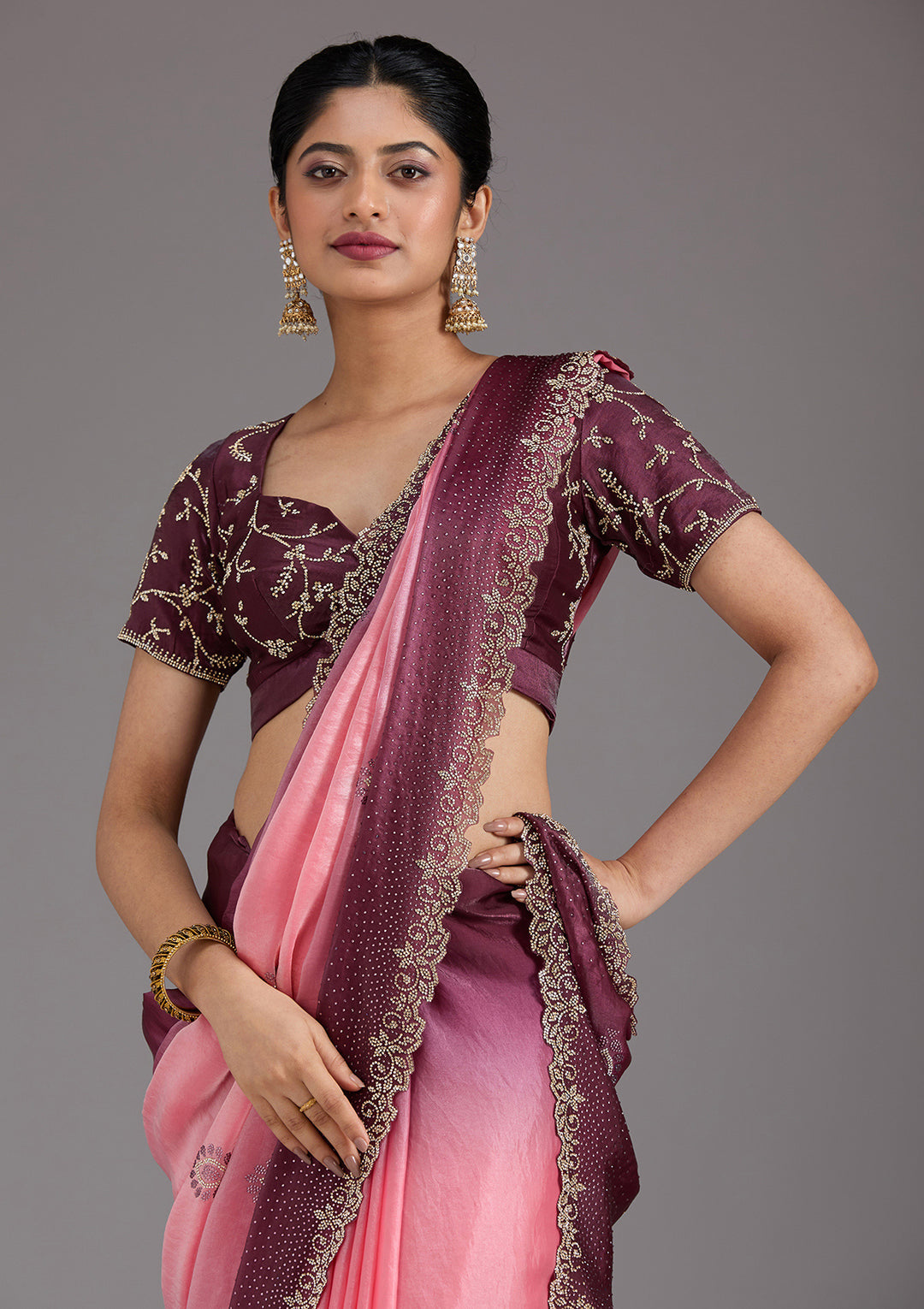 Gajari Pink Stonework (Gold) Tissue Saree