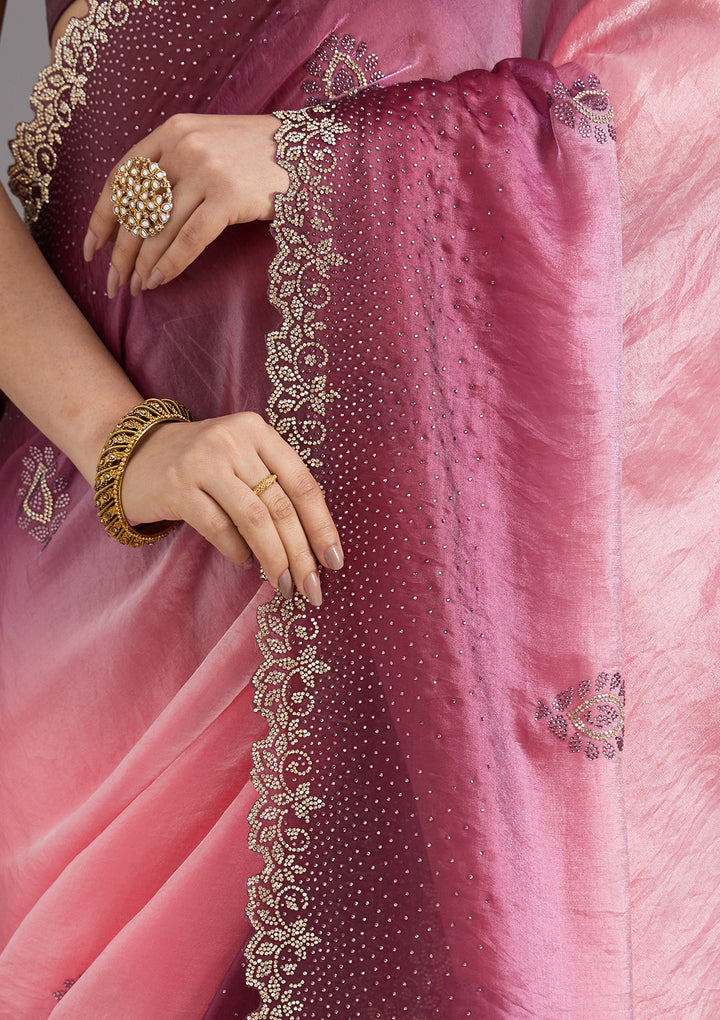 Gajari Pink Stonework (Gold) Tissue Saree