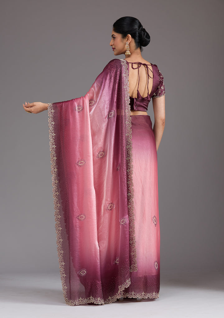Gajari Pink Stonework (Gold) Tissue Saree