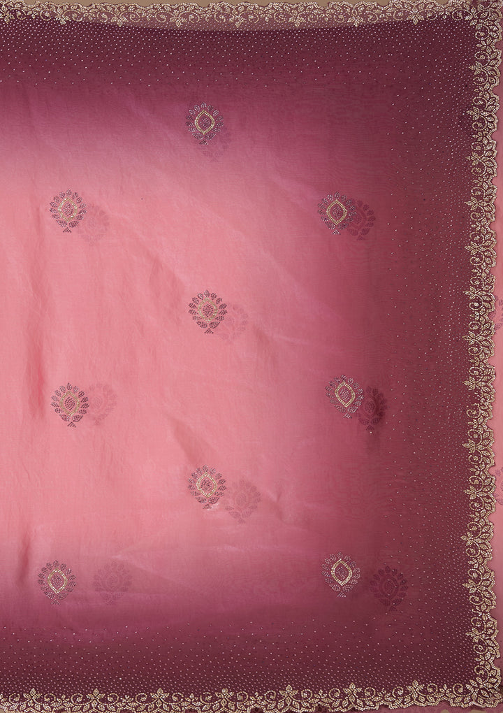 Gajari Pink Stonework (Gold) Tissue Saree