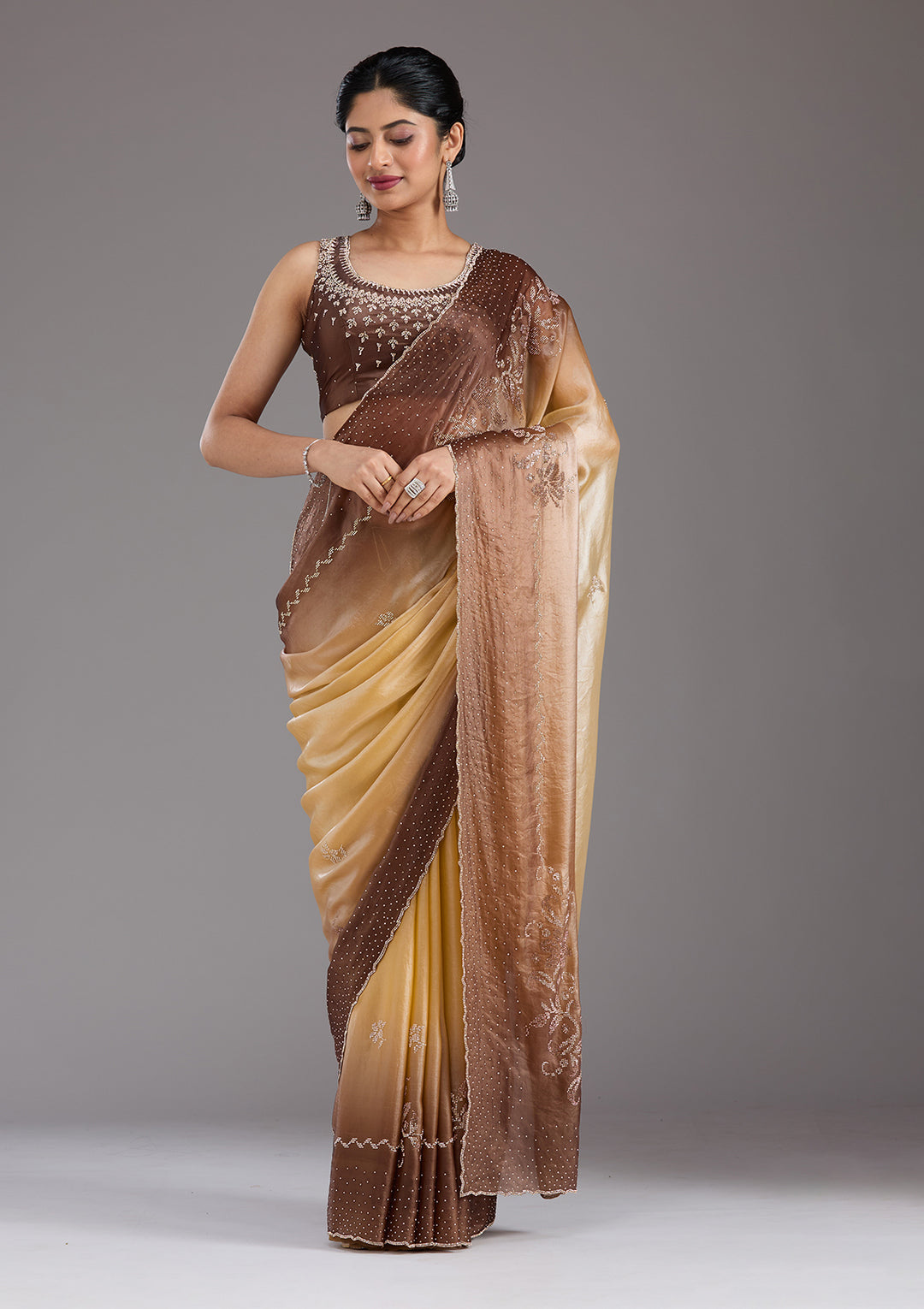 Beige Stonework (Gold) Tissue Saree