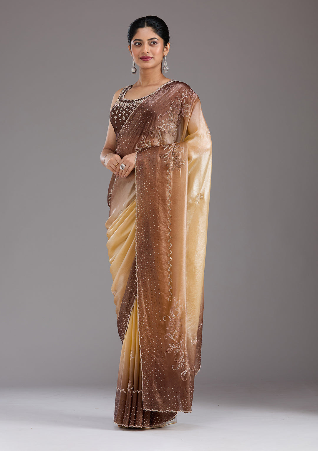 Beige Stonework (Gold) Tissue Saree